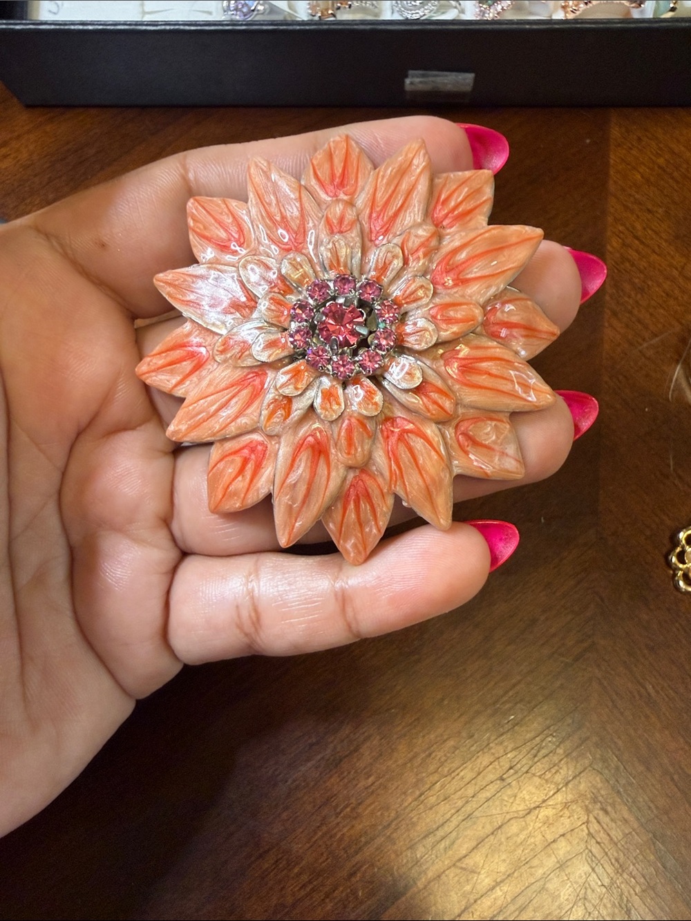 Brooch enamel orange and pink with Pink Crystal Center